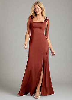 Azazie Frostine Bridesmaid Dresses Terracotta A-Line Bow Stretch Satin Dress image4