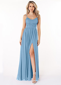 Azazie Yanelie Bridesmaid Dresses Steel Blue A-Line Scoop Pleated Chiffon Dress image1