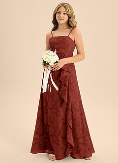 Azazie Kaylee Junior Abito A-Line in Burnout Floreale Con Cintura Terracotta image6