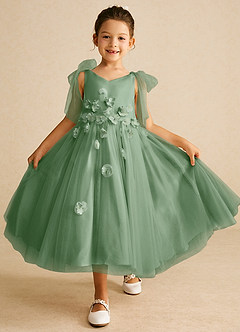 Azazie Minia vestidos de niña de las flores Vestido de Matcha de Satin Mate de Corte En A con Lazo image1