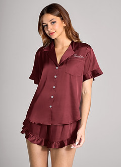 front Matching Color Personalized Embroidered Name Ruffled Short Sleeve Pajama Set