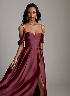 Azazie Loisa Robes de demoiselle d'honneur Robe Trapèze en Satin extensible Épaule décolletée Cabernet image3