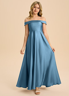 Azazie Sissy Junior Abito A-Line in Raso Elasticizzato a Spalla Scoperta Blu Acciaio image4