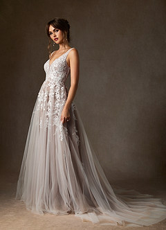 Azazie Sorella Trouwjurken Jurk van Tule met A-Lijn V-hals Pailletten Diamant Wit Mokka image3