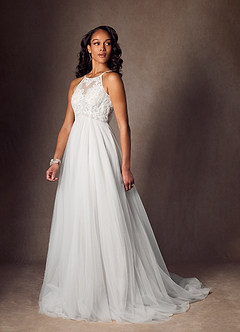 Azazie Odell Vestidos de novia Vestido de Diamante Blanco de Tul de Corte en A con Halter Lentejuelas image3