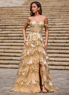 Glitz Champagne Robe de bal trapèze à volants image4