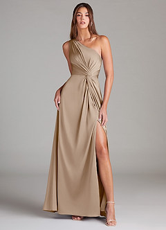 Azazie Brooke Bridesmaid Dresses Taupe A-Line One Shoulder Stretch Satin Dress image1