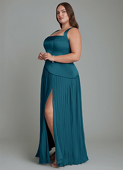 Azazie Stephanie Robes de demoiselle d'honneur Robe Trapèze en Satin extensible Plissé Bleu Encre image10