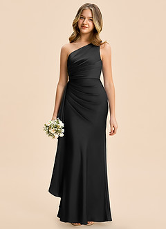 Azazie Holly Junior Black Sheath Pleated Stretch Satin Dress image1