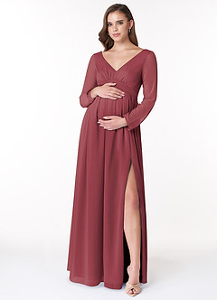 Azazie Teton Brautjungfernkleider für Schwangere A-Linie Langarm Chiffon Bodenlänge Kleid image1