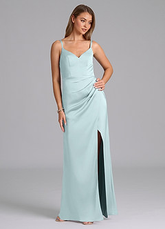 Azazie Leo Bridesmaid Dresses Sea Glass Sheath Pleated Stretch Satin Dress image5