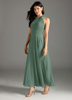 Azazie Charlize Vestidos de damas de honor Vestido de Eucalipto de Gasa de Corte en A con Hombro unilateral image4