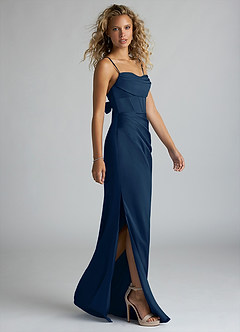 Azazie Mai Vestidos de damas de honor Vestido de Azul Marino Oscuro de Satén Elástico de Corte Recto con Plisado image4