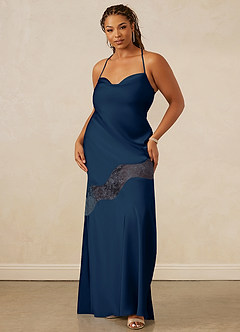Christian Siriano Bridal for Azazie 1012 Bridesmaid Dresses Dark Navy Sheath Lace Stretch Satin Dress image10