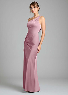 Azazie Madelyn Robes de demoiselle d'honneur Robe Sirène Convertible en Satin extensible Une épaule Mauve Vintage image6