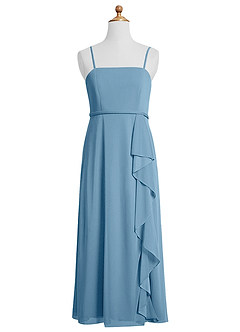 Azazie Kaylee Junior Steel Blue A-Line with Belt Mesh Dress image6