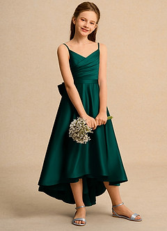 Azazie Sweets Girl 플라워 걸 드레스 A라인 주름진 매트 새틴 비대칭 드레스 image5