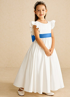 Azazie Aero Robe Demoiselle D'honneur Fillette Robe Trapèze en Coton Plissée Ivoire Geai Bleu image5