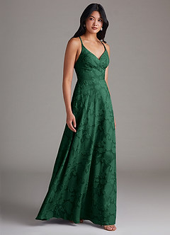 Azazie Davis Bridesmaid Dresses Dark Green A-Line Pleated Floral Burnout Dress image4