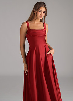 Azazie Shaude Bridesmaid Dresses Pomegranate A-Line Pleated Stretch Satin Dress image2