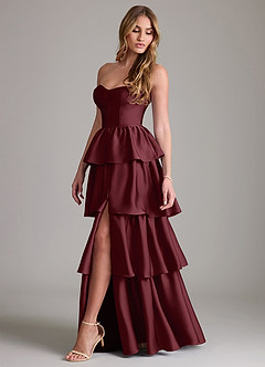 Azazie Faye Bridesmaid Dresses Cabernet A-Line Ruched Stretch Satin Dress image3