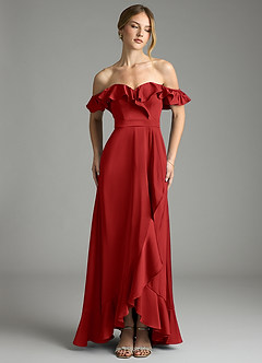 Azazie Lyra Bridesmaid Dresses Pomegranate A-Line Off the Shoulder Stretch Satin Convertible Dress image1