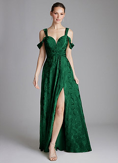 Azazie Emoria Bridesmaid Dresses Evergreen Jacquard A-Line Off the Shoulder Jacquard Dress image1