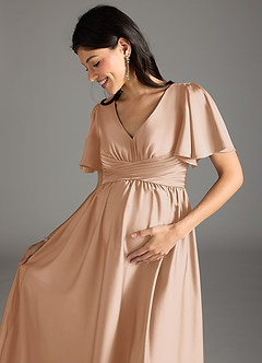 Azazie Verna Maternity Bridesmaid Dresses A-Line Ruched Stretch Satin Floor-Length Dress image1