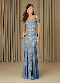 Azazie Claribel Mother of the Bride Dresses Dusty Blue Mermaid Off the Shoulder Lace Dress image1