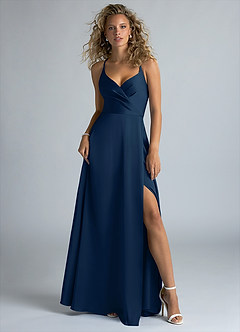 Azazie Davis Bridesmaid Dresses Dark Navy A-Line Pleated Stretch Satin Dress image2