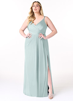 Azazie Aqua Bridesmaid Dresses Mist A-Line V-Neck Pleated Stretch Satin Dress image7