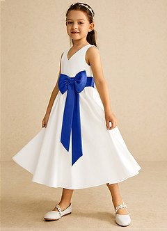 Azazie Darling Flower Girl Dresses Ivory Royal Blue A-Line Bow Cotton Dress image3
