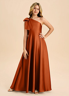 Azazie Penguin Junior Abito A-Line in Raso Elasticizzato Fiocco Arancia Bruciata image3