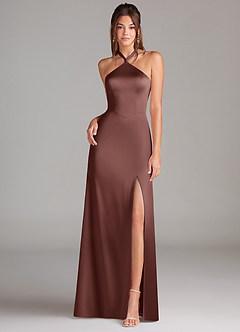 Azazie Elliana Bridesmaid Dresses Espresso A-Line Side Slit Stretch Satin Dress image4