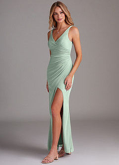 Azazie Leandra Bridesmaid Dresses Agave Mermaid V-Neck Pleated Mesh Dress image3