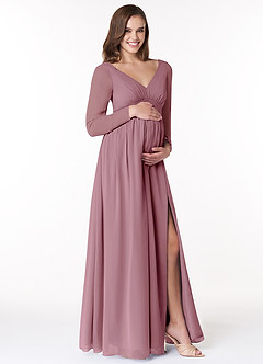 Azazie Teton Maternity Bridesmaid Dresses A-Line Long Sleeve Chiffon Floor-Length Dress image4