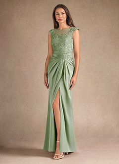 Azazie Santa Barbara Mother of the Bride Dresses Dusty Sage Sheath Pleated Stretch Satin Dress image2