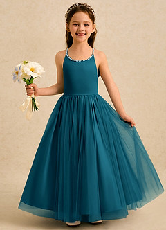 Azazie Aurora Flower Girl Dresses Ink Blue A-Line Bow Tulle Dress image3