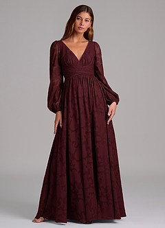 Azazie Norah Jurken voor bruidsmeisjes Jurk van Bloemen Burn-out met A-Lijn Lange mouw Cabernet image1