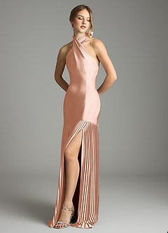 Azazie Nayeli Jurken voor bruidsmeisjes Jurk van Stretch Satijn met A-Lijn Geplooid Rosé Goud image4