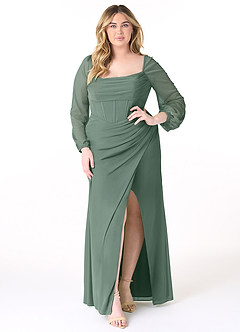 Azazie Charissa Final Sale Eucalyptus Sheath Corset Pleated Mesh Dress image7