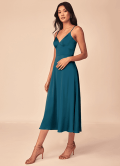 Azazie Dottie Brautjungfernkleider A-Linie Stretch-Satin Kleid Tintenblau image4