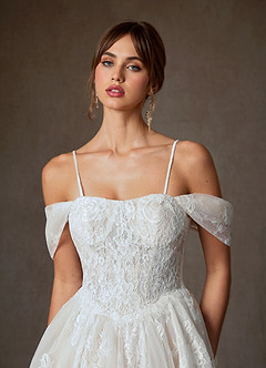Azazie Justice Wedding Dresses Diamond White Champagne Ball-Gown Off the Shoulder Lace Dress image7