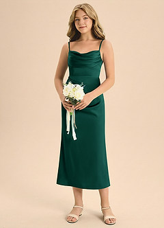 Azazie Mai Junior 쉬스 주름진 스트레치 새틴 티 길이 주니어 신부 들러리 드레스 image4