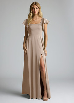 Azazie Bondi Vestidos de damas de honor Vestido Gris Pardo de Satén Elástico de Línea A con Lazo image10