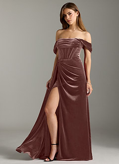 Azazie Amyra Bridesmaid Dresses Espresso Sheath Off the Shoulder Velvet Convertible Dress image7