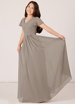 Azazie Peony Junior Taupe A-Line Pleated Chiffon Dress image4