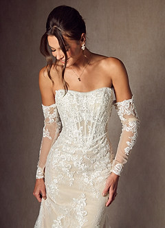 Azazie Caitlin Wedding Dresses Diamond White Champagne Mermaid Strapless Lace Dress image3