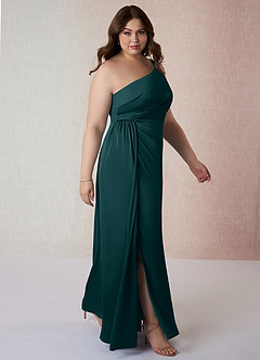 Azazie Mika Bridesmaid Dresses Pine Sheath One Shoulder Stretch Satin Dress image10