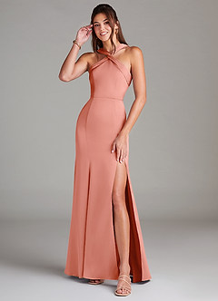 Azazie Rue Bridesmaid Dresses Coral A-Line Pleated Stretch Satin Dress image1